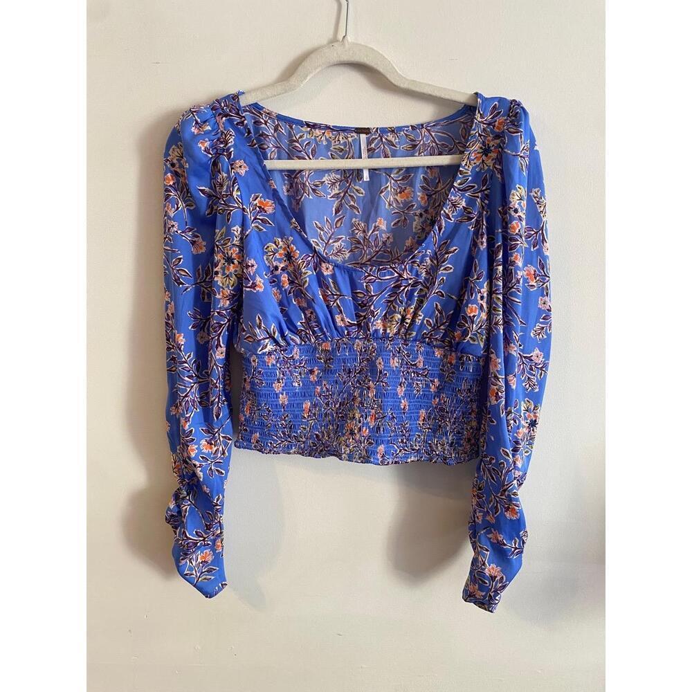 Free People Blue Floral Print‎ Square Neckline Cropped Blouse Size Small